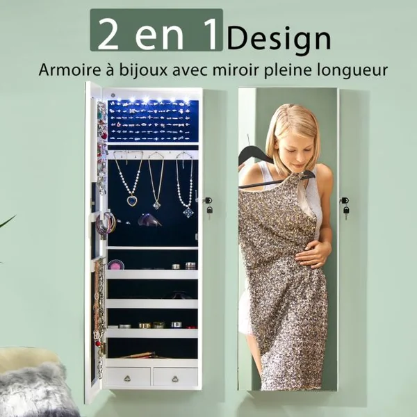 Armoire à Bijoux à Fixation Murale/Porte 6 LED et 2 Tiroirs avec Miroir Grand Format Blanche pour Chambre Noir/Blanc