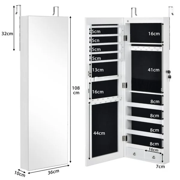 Armoire à Bijoux à Fixation Murale/Porte 6 LED et 2 Tiroirs avec Miroir Grand Format Blanche pour Chambre Noir/Blanc