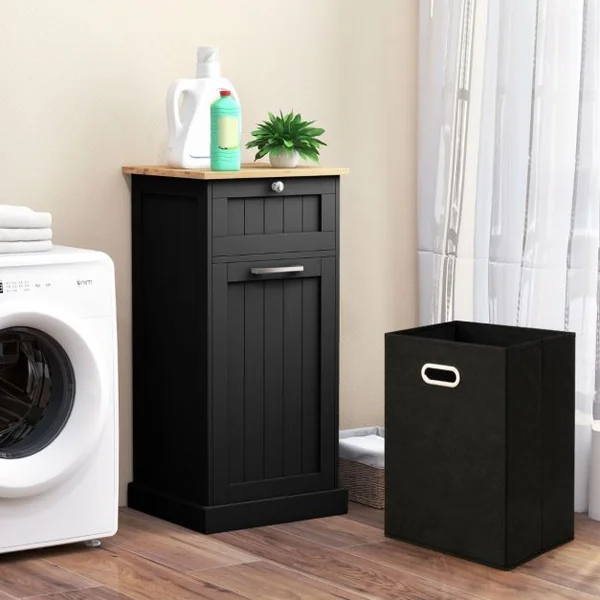 Armoire à Linge avec Panier à Linge Inclinable Armoire Autoportante avec Tiroir Armoire de Rangement avec pour Salle de Bain Chambre Buanderie Blanc/Gris/Noir