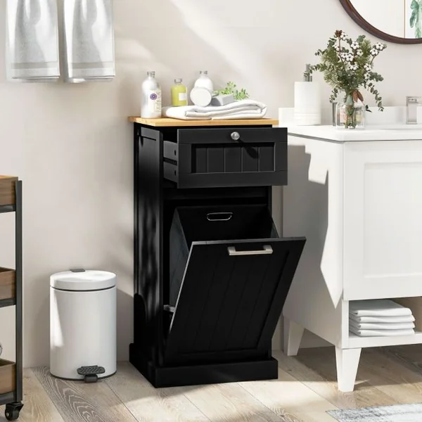 Armoire à Linge avec Panier à Linge Inclinable Armoire Autoportante avec Tiroir Armoire de Rangement avec pour Salle de Bain Chambre Buanderie Blanc/Gris/Noir