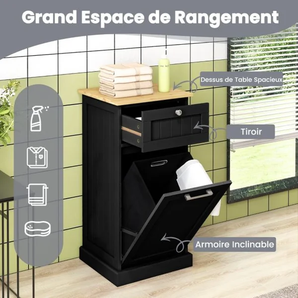 Armoire à Linge avec Panier à Linge Inclinable Armoire Autoportante avec Tiroir Armoire de Rangement avec pour Salle de Bain Chambre Buanderie Blanc/Gris/Noir