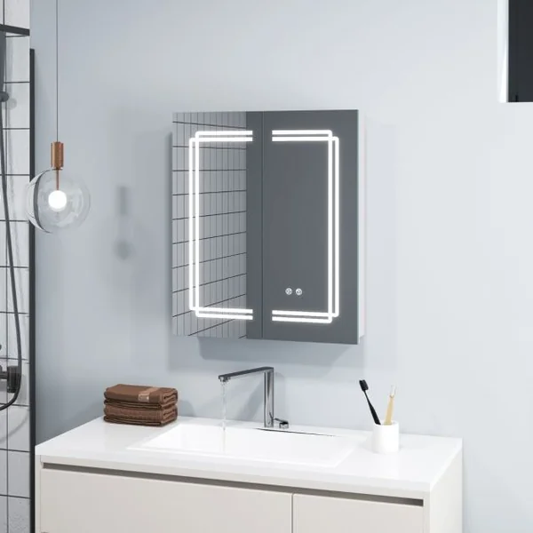 Armoire à Pharmacie 60x70cm avec Miroir Armoire à Miroir Eclairée par LED avec 3 Couleurs de Lumière Gradation Continue Désembuage 2 Prises