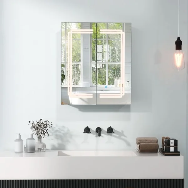 Armoire à Pharmacie 60x70cm avec Miroir Armoire à Miroir Eclairée par LED avec 3 Couleurs de Lumière Gradation Continue Désembuage 2 Prises