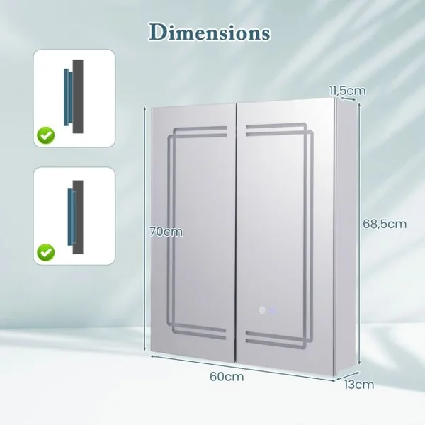 Armoire à Pharmacie 60x70cm avec Miroir Armoire à Miroir Eclairée par LED avec 3 Couleurs de Lumière Gradation Continue Désembuage 2 Prises