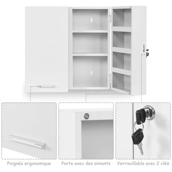 Armoire à Pharmacie Armoire de Rangement pour Salle de Bain, 14 Étagères Serrure et Clé en Fer 53x52,5x19,5cm, Argent