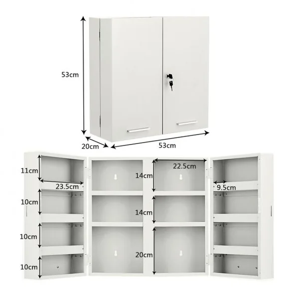 Armoire à Pharmacie Armoire de Rangement pour Salle de Bain, 14 Étagères Serrure et Clé en Fer 53x52,5x19,5cm, Argent