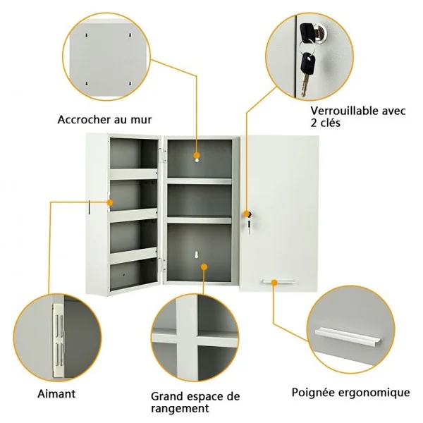 Armoire à Pharmacie Armoire de Rangement pour Salle de Bain, 14 Étagères Serrure et Clé en Fer 53x52,5x19,5cm, Argent