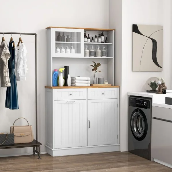 Armoire à Poubelle Inclinable 38 L avec Clapier Armoire de Rangement Garde-manger de Cuisine avec Comptoir en Bois d'Hévéa Blanc