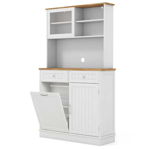 Armoire à Poubelle Inclinable 38 L avec Clapier Armoire de Rangement Garde-manger de Cuisine avec Comptoir en Bois d'Hévéa Blanc