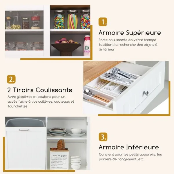Armoire à Poubelle Inclinable 38 L avec Clapier Armoire de Rangement Garde-manger de Cuisine avec Comptoir en Bois d'Hévéa Blanc