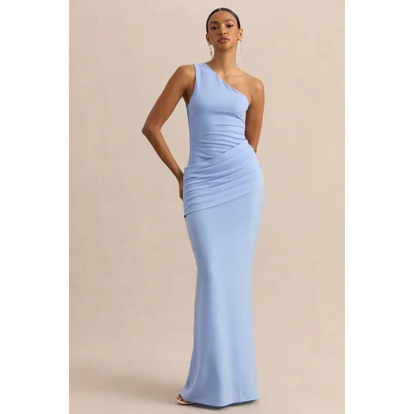 Arovia | Robe longue bleu poudré en satin à encolure asymétrique et détails drapés