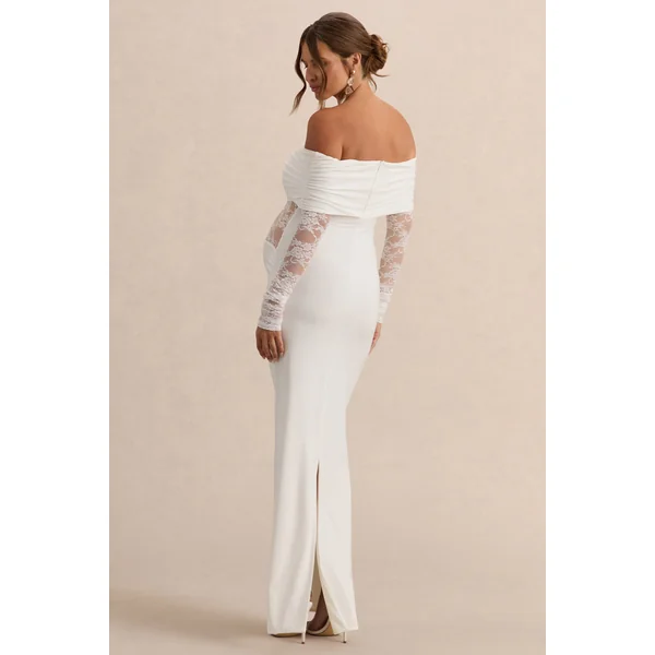 Artemisia | Robe longue de maternité blanche à encolure Bardot avec détails en dentelle