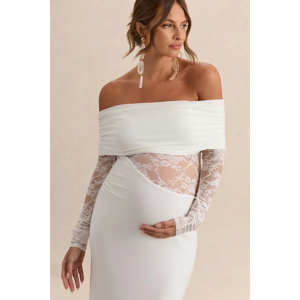 Artemisia | Robe longue de maternité blanche à encolure Bardot avec détails en dentelle
