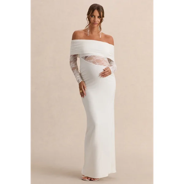 Artemisia | Robe longue de maternité blanche à encolure Bardot avec détails en dentelle