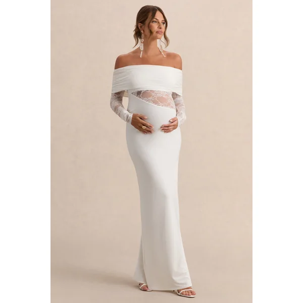 Artemisia | Robe longue de maternité blanche à encolure Bardot avec détails en dentelle