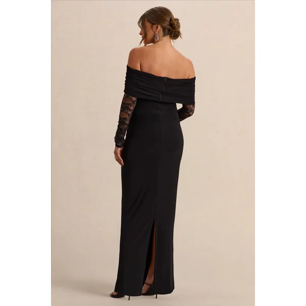 Artemisia | Robe longue de maternité noire à encolure Bardot avec détails en dentelle