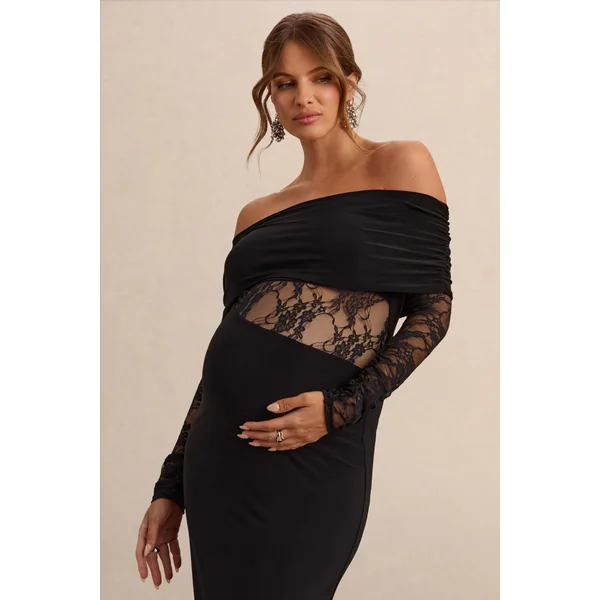 Artemisia | Robe longue de maternité noire à encolure Bardot avec détails en dentelle