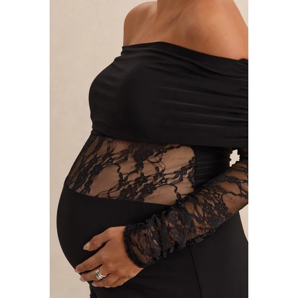 Artemisia | Robe longue de maternité noire à encolure Bardot avec détails en dentelle
