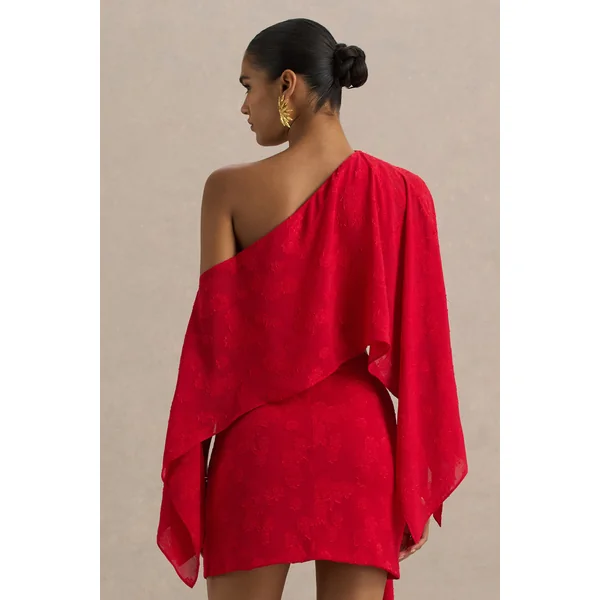 Aruba | Haut court rouge asymétrique à manches longues en satin dévoré