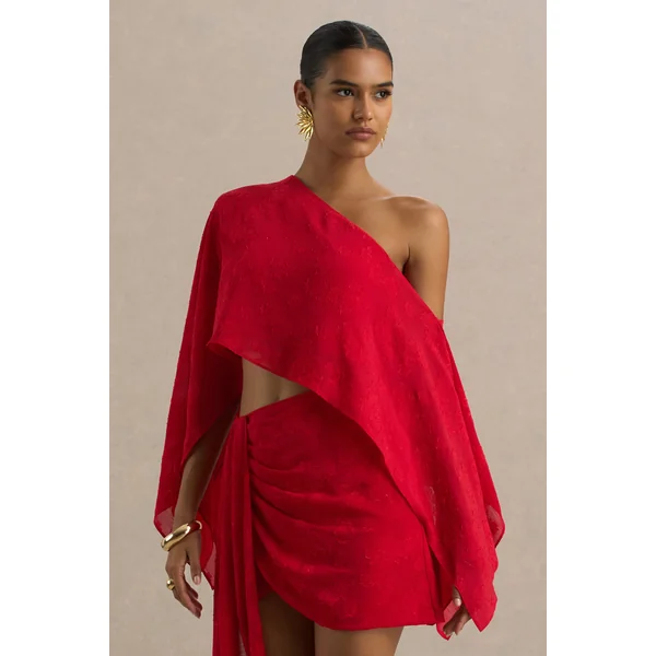 Aruba | Haut court rouge asymétrique à manches longues en satin dévoré