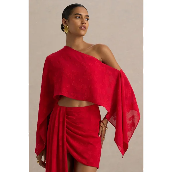 Aruba | Haut court rouge asymétrique à manches longues en satin dévoré