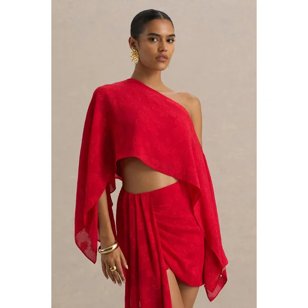 Aruba | Haut court rouge asymétrique à manches longues en satin dévoré