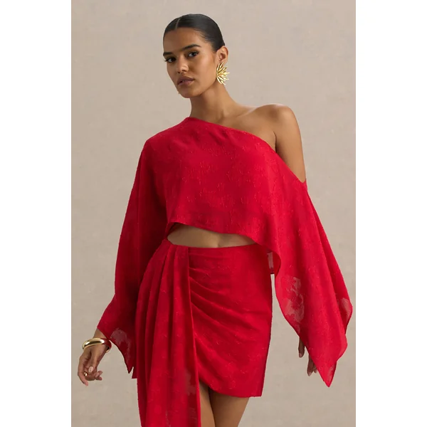Aruba | Haut court rouge asymétrique à manches longues en satin dévoré