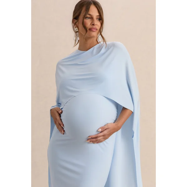Arwen | Robe de grossesse mi-longue bleu poudré à encolure ronde avec détail de cape