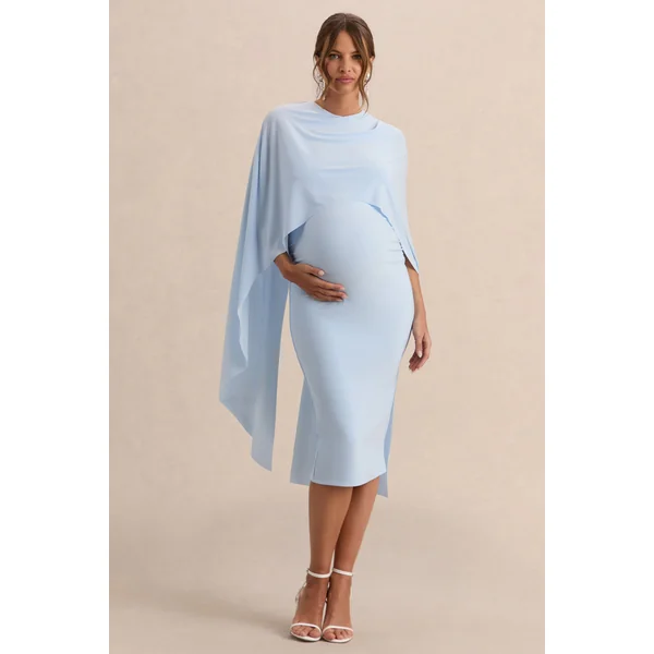 Arwen | Robe de grossesse mi-longue bleu poudré à encolure ronde avec détail de cape