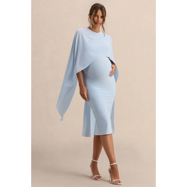 Arwen | Robe de grossesse mi-longue bleu poudré à encolure ronde avec détail de cape