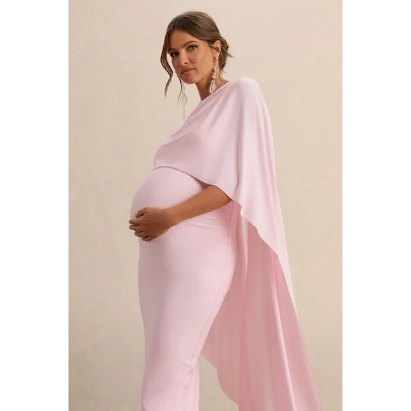 Arwen | Robe de grossesse mi-longue rose clair à encolure ronde avec détail de cape