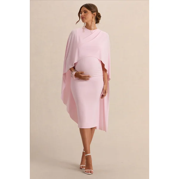 Arwen | Robe de grossesse mi-longue rose clair à encolure ronde avec détail de cape