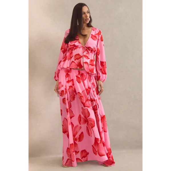 Asella | Jupe longue de maternité rose en chiffon à imprimé floral