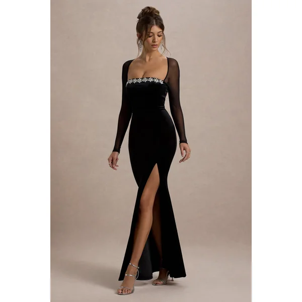Ashby | Robe longue fendue à encolure carrée ornée en velours noir
