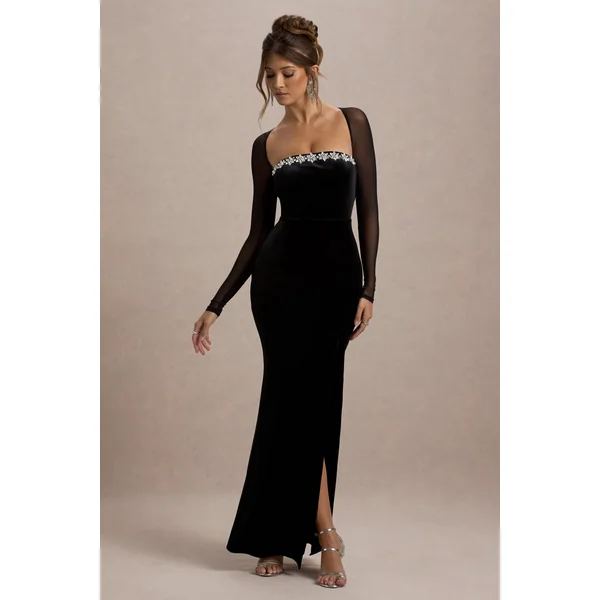 Ashby | Robe longue fendue à encolure carrée ornée en velours noir