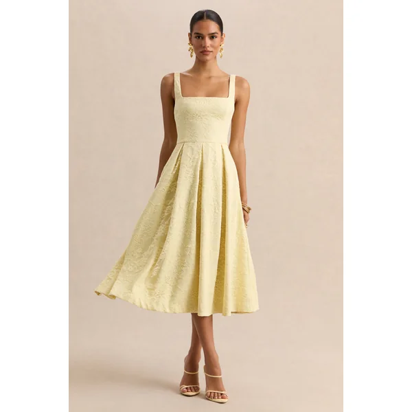 Ashmara | Robe mi-longue en dentelle citron à encolure carrée