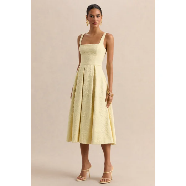 Ashmara | Robe mi-longue en dentelle citron à encolure carrée