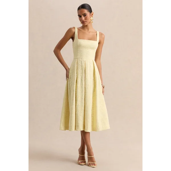 Ashmara | Robe mi-longue en dentelle citron à encolure carrée