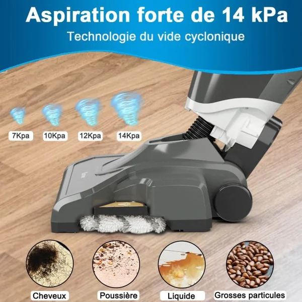 Aspirateur Balai sans Sac 2 Vitesse Balai Vapeur 14kPA Puissance Max.1000W Réservoir d'Eau 520ML