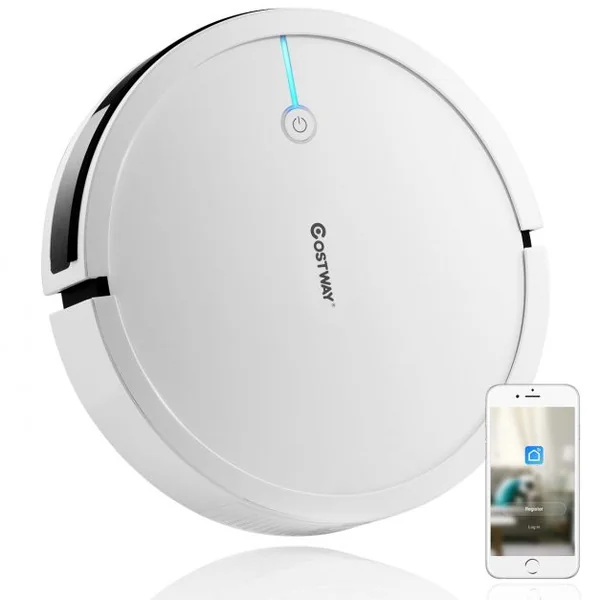 Aspirateur Robot Connecté Wifi 2000pa avec Réservoir d’Eau et Boîte à Poussière 5 Modes de Nettoyage 34,5x8cm Blanc