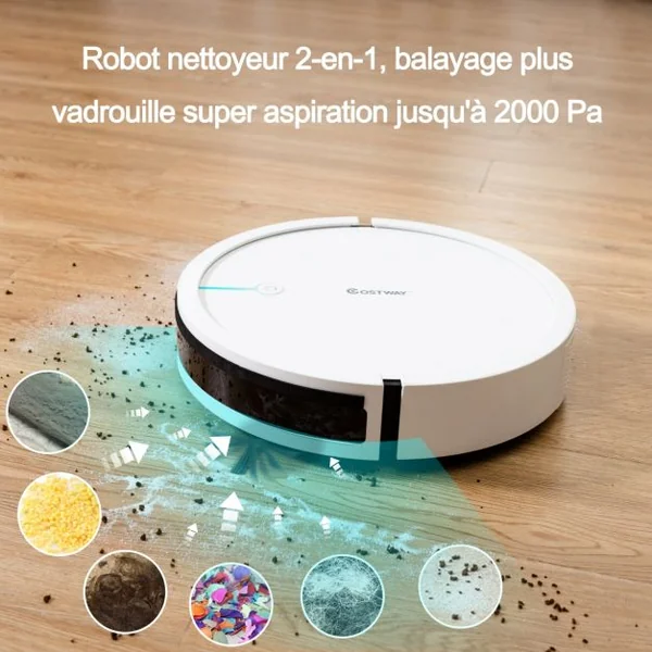Aspirateur Robot Connecté Wifi 2000pa avec Réservoir d’Eau et Boîte à Poussière 5 Modes de Nettoyage 34,5x8cm Blanc