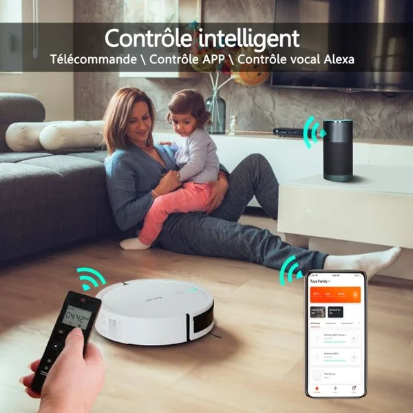 Aspirateur Robot Connecté Wifi 2000pa avec Réservoir d’Eau et Boîte à Poussière 5 Modes de Nettoyage 34,5x8cm Blanc