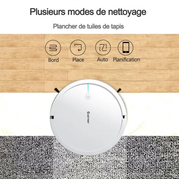 Aspirateur Robot Connecté Wifi 2000pa avec Réservoir d’Eau et Boîte à Poussière 5 Modes de Nettoyage 34,5x8cm Blanc