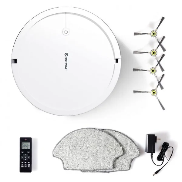 Aspirateur Robot Connecté Wifi 2000pa avec Réservoir d’Eau et Boîte à Poussière 5 Modes de Nettoyage 34,5x8cm Blanc