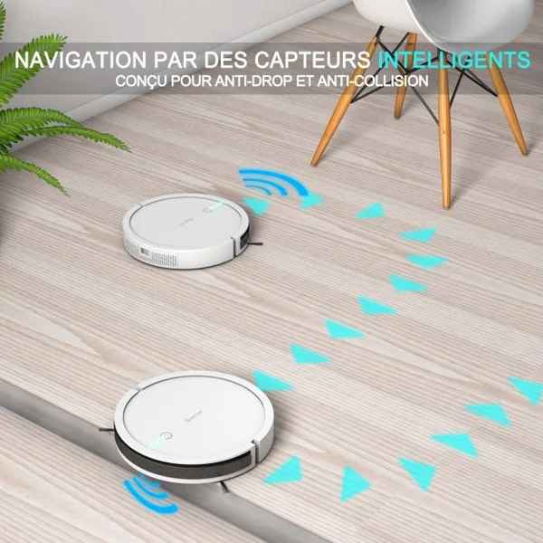 Aspirateur Robot Connecté Wifi 2000pa avec Réservoir d’Eau et Boîte à Poussière 5 Modes de Nettoyage 34,5x8cm Blanc
