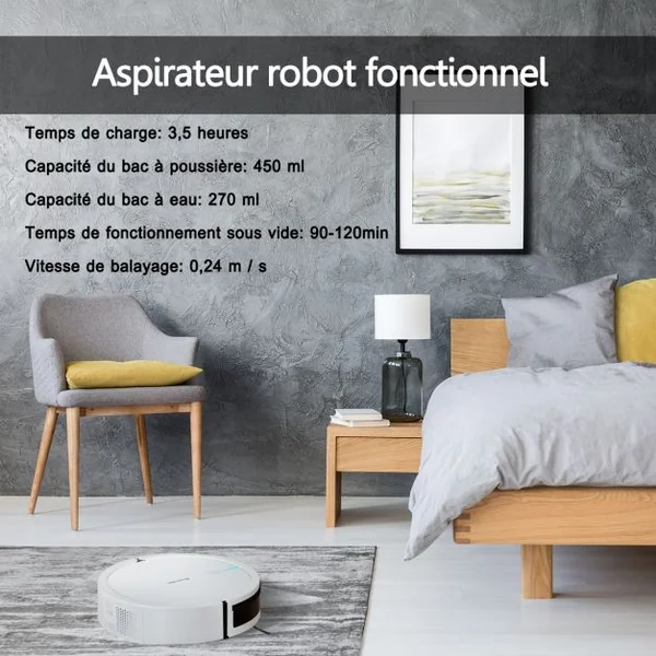 Aspirateur Robot Connecté Wifi 2000pa avec Réservoir d’Eau et Boîte à Poussière 5 Modes de Nettoyage 34,5x8cm Blanc