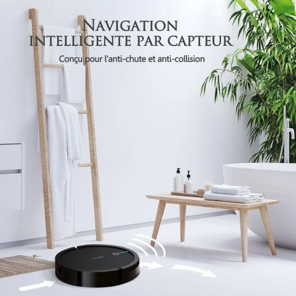 Aspirateur Robot Connecté Wifi 2000pa avec Réservoir d’Eau et Boîte à Poussière 5 Modes de Nettoyage 34,5x8cm Noir