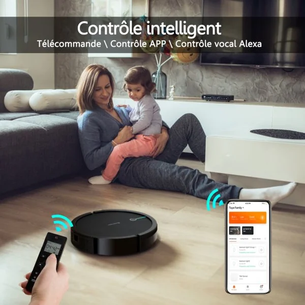 Aspirateur Robot Connecté Wifi 2000pa avec Réservoir d’Eau et Boîte à Poussière 5 Modes de Nettoyage 34,5x8cm Noir