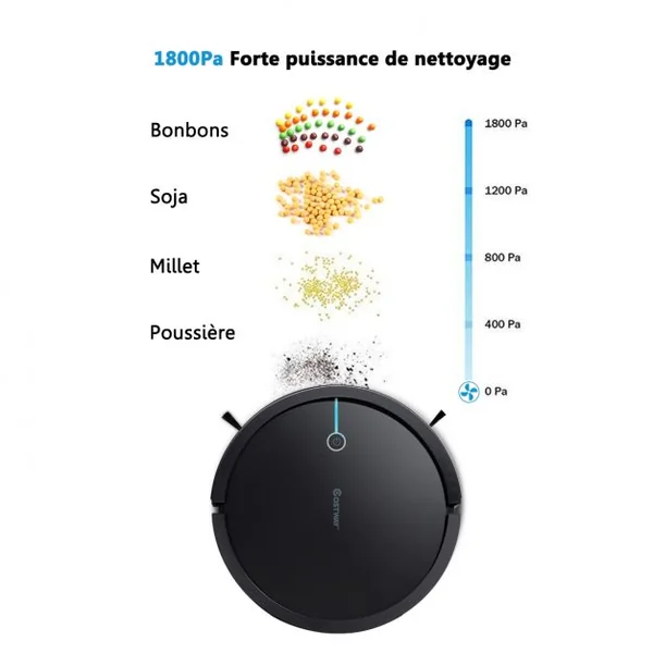 Aspirateur Robot Connecté Wifi 2000pa avec Réservoir d’Eau et Boîte à Poussière 5 Modes de Nettoyage 34,5x8cm Noir