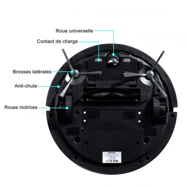 Aspirateur Robot Connecté Wifi 2000pa avec Réservoir d’Eau et Boîte à Poussière 5 Modes de Nettoyage 34,5x8cm Noir